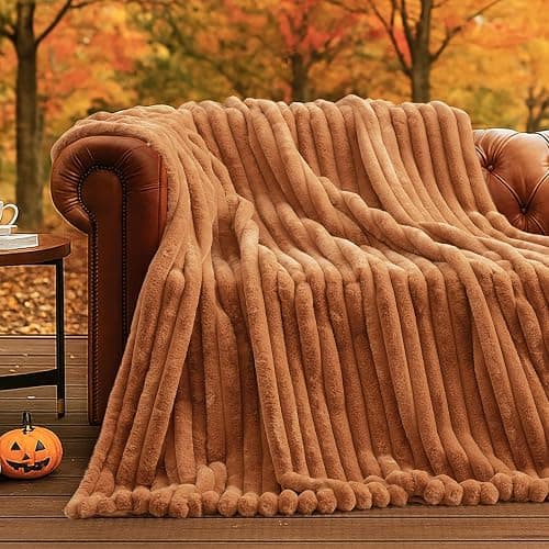 Amélie Home Faux Fur Throw Blanket for Couch, Cozy Fuzzy Fluffy Fur Luxurious Soft Striped Plush Gift Blankets for Family Sofa Chair Bedroom, 55"x70", Orange Brown - Image 1