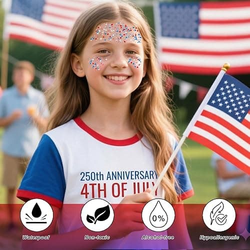 Paminify Red White Blue Hair Glitter Stick,Memorial Day Patriotic 250th America Face Body Glitter,4th of July Accessories,Fourth of July Outfits for Women, Waterproof Glitter Makeup for Football Game thumbnail 5