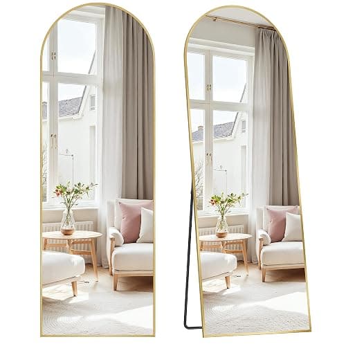 SONGMICS Full Length Mirror, 160 x 50 cm, Arched Full Body Mirror with Stand, Aluminium Alloy Frame, Tempered Glass, for Bedroom, Living Room, Cloakroom, Pale Gold LFM031A01 - Image 1