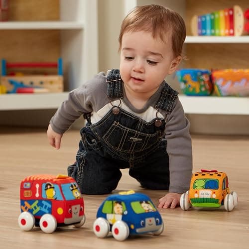 Melissa & Doug K's Kids Pull-Back Town Vehicle Set - Baby Toys Set with 4 Soft Toy Cars and Trucks, Surface Washable with Removable Wheels, Learning Toys for Babies and Toddlers thumbnail 6
