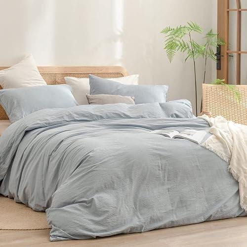 BESTOUCH Duvet Cover Set 100% Washed Cotton Linen Feel Super Soft Comfortable Chic Lightweight 3 PCs Home Bedding Set Solid Cornflower Blue Cal King thumbnail 7