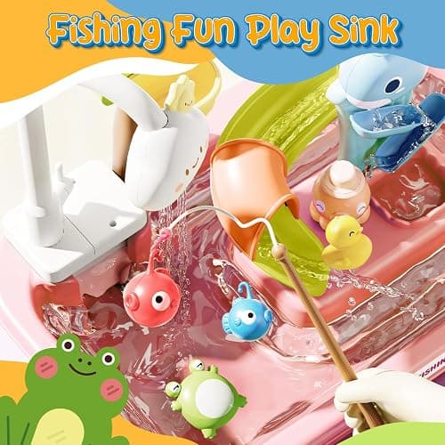 Play Sink with Running Water, 4-in-1 Kids Kitchen Sink Toys with Electric Faucet, Water Table Floating Pool Toy w/Fishing Game, Duck Slide, Pretend Play Dishwasher Set for Toddler Boys Girls (Pink) thumbnail 5