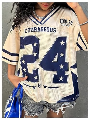 RoseSeek Girl's Y2K Mesh Oversized Jersey Tops Number Star Graphic Tees Vintage V Neck T Shirts thumbnail 2