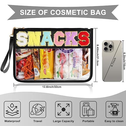Snack Bag for Travel - Clear Chenille Varsity Letter Flat Pouch with Zipper, 12.2×8.46 inch Waterproof Clear Nylon Preppy Patch Makeup Cosmetic tote Bags for Women Girls thumbnail 2