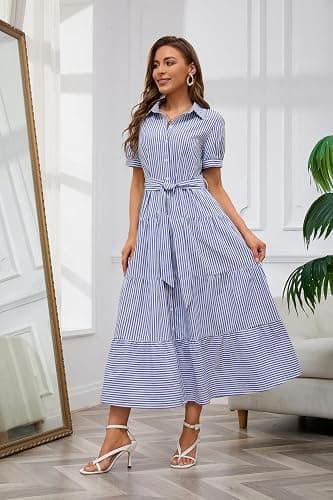 utcoco Womens Casual Short Sleeve Button Down Tie Waist Ruffled Striped Maxi Shirt Dress thumbnail 7