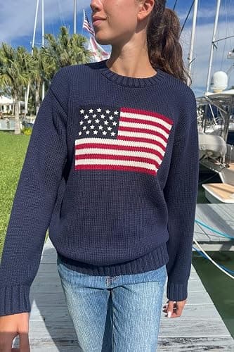 Adoeren Women American Flag Sweater Vintage Long Sleeve Crewneck Knitted Jumper Oversized Aesthetic Knit Pullover Top thumbnail 2