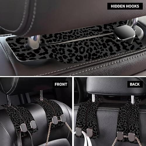 AXBSAKDI Car Seat Back Storage Headrest Hook, 1 Pack Premium Leather Double Metal Hook, Hanger Storage Organizer for Purse Cloth Bag, Car Interior Accessories Luxury Black Leopard thumbnail 5
