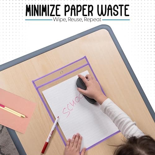 Essex Wares - 6 Pack, Light Purple, Water-Resistant Dry Erase Pocket Document Protectors, 10" Wide x 13.5" Tall - Dry Erase Clear Plastic Sleeves - Reusable & Easy Erase Plastic Invoice Holders thumbnail 3