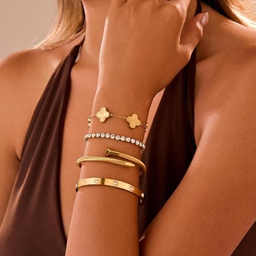 Jzrow 18K Gold Plated Bangle Bracelets Stack for Women,Four Leaf Clover Stackable Bracelets Non Tarnish,4 Pcs Jewelry sets Gifts thumbnail 2