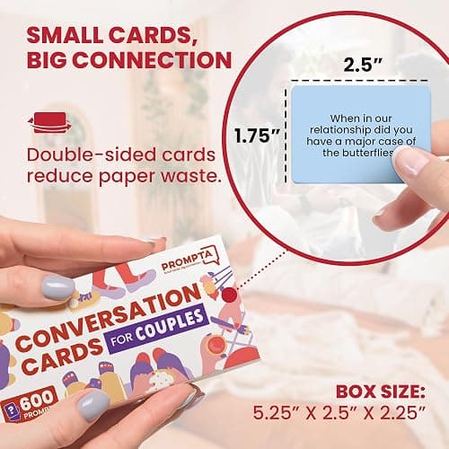 Prompta 600 Conversation Cards for Couples – Light, Medium, and Deep Get-to-Know-You Questions for Connecting With Your Partner - Date Night Topics for New or Married Couples - 2.5” x 1.75” Cards thumbnail 2