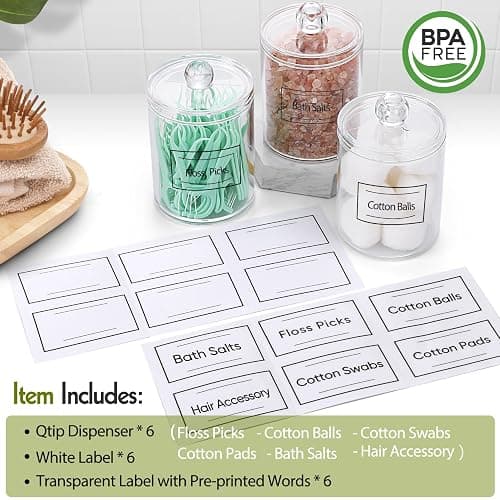 AOZITA 6 Pack Acrylic Qtip Holder Dispenser for Cotton,Swab, Ball, Round Pads, Floss Picks - Clear Plastic Apothecary Jar Set, Bathroom Canister Storage Organization, Vanity Makeup Organizer - 6 Pack thumbnail 3