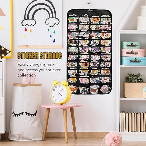 Monciysn 2 Pack Hanging Sticker Display, Double-Sided 80 Pockets Wall Hanging Sticker Organizer Storage, Sticker Holder for Vendor Events and Trade Shows (Black) thumbnail 2