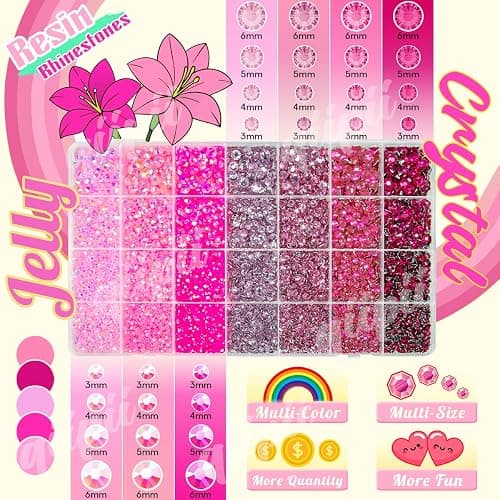 qiipii 28 Types Pink Jelly Resin Rhinestones w B7000 Glue for Bedazzling Crafting 3mm-6mm Flatback Colorful Stones Gems Diamonds Bedazzler Kit for Nails Face Eyes Makeup Crafts Tumblers Bottles Shoes thumbnail 2