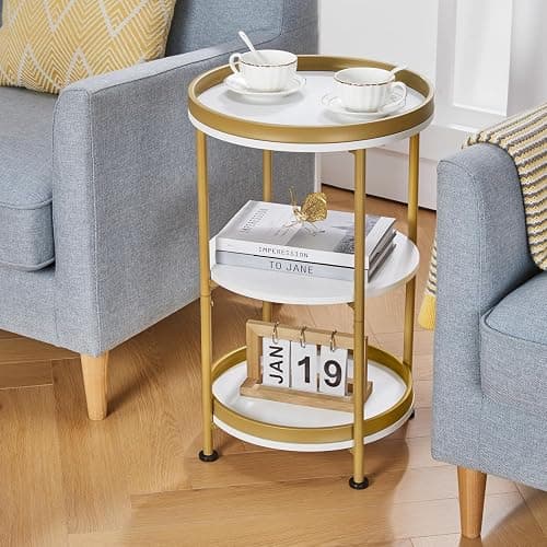 YEAKOO Nordic End Table, 3-Tier Round Side Table with Storage Shelf Edge Protection Tray, Sturdy Metal Frame Coffee Table Bedside Table for Living Room Bedroom Small Spaces (White & Gold) thumbnail 5