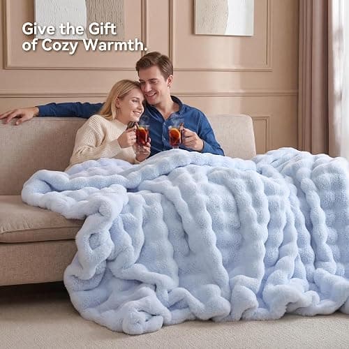 Smoofy Faux Fur Throw Blanket for Couch - Light Blue Super Soft Cozy Bubble Blanket, Fluffy Plush Fuzzy Throw for Sofa & Bed, Thick Lightweight Warm Blanket, Luxury Aesthetic Gift for Women 60"x80" thumbnail 6