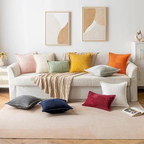 MIULEE Decorative Throw Pillow Covers for Couch Bed Livingroom 18x18 Inch Set of 2 Beige Boho Accent Throw Pllows Broadside Striped Patchwork Soft Corduroy Pillowcases thumbnail 9