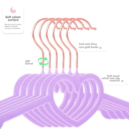JIUXCF Velvet Hangers 20 Pack, 360° Swivel Rose Gold Hooks, 16" Non Slip Heart Hanger, Thin Clothes Hangers, Durable & Cute Felt Hanger for Adult (Light Purple) thumbnail 5