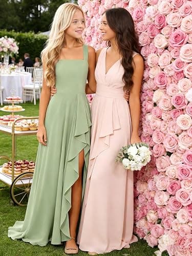 Basgute Chiffon Junior Bridesmaid Dresses for Wedding Long Ruffles Slit Flower Girl Dress A Line Formal Gown thumbnail 6