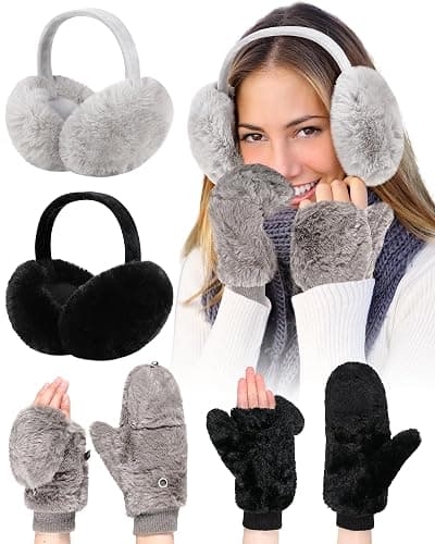 Jeere 4 Pack Winter Faux Fur Ear Muffs and Flip Mittens Set for Women Fingerless Gloves Fuzzy Ear Warmers Muffs Cover Outdoor - Image 1