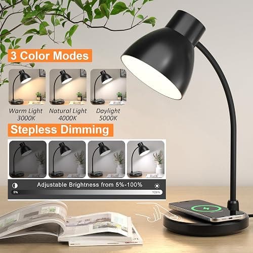 Vicsoon Desk Lamps for Home Office - LED Desk Lamp with Wireless Charger, 3 Color Modes Dimmable Eye-Caring Study Reading Desk Light, Small Flexible Arm Table Lamp for College Dorm Room Bedside, Black thumbnail 3