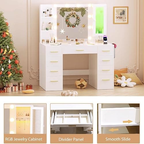 ERLEJIA Vanity Desk with Mirror and Lights, Large 43" White Makeup Vanity Desk with 9 Drawers and Power Outlet, 3 Open Shelves and 1 RGB Lighting Cabinet, White and Gold thumbnail 8