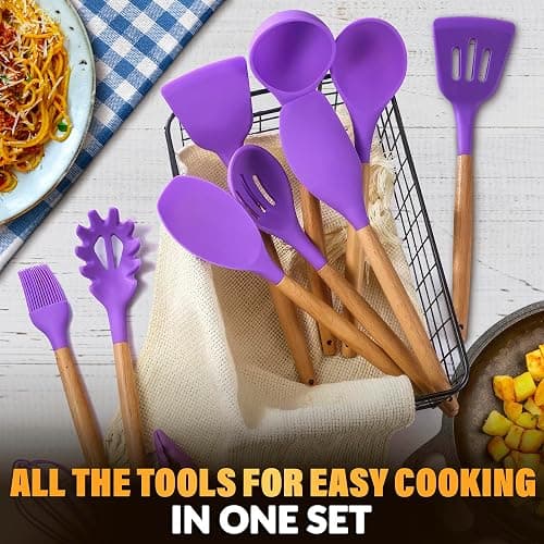 12 Pcs Purple Kitchen Accessories Set with Holder, Silicone Heads | Purple Kitchen Utensils Set for Cooking and Baking; Wooden Handles; Heat-Resistant up to 446°F; Non-Scratch for Nonstick Pans thumbnail 5