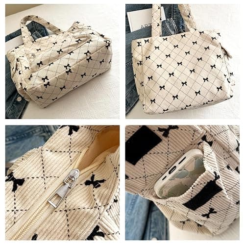 FloralGrace Cord Tote Bag for Ladies Large Black Bow Shoulder Bag with Pockets and Zip Bow Handbag for Work Travel thumbnail 7