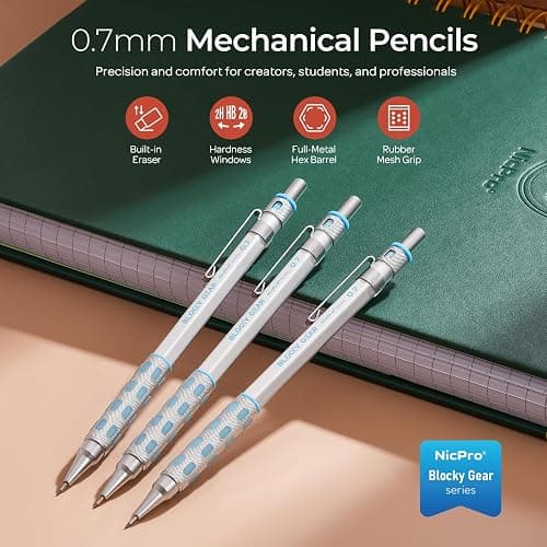 Nicpro 3 Pack Blocky Gear 0.7 mm Metal Mechanical Pencils Set with Case, Lead Drafting Pencil with 8 Tube (480PCS) Lead Refills(HB 2B), 4 Erasers, 18 Eraser Refills for Art Writing, Sketching Drawing thumbnail 2