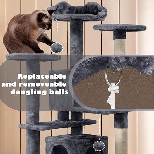 Yaheetech 54in Cat Tree, Multi-Level Cat Tower with Spacious Kitten-ear Perch, 2 Cozy Caves, Scratching Posts, Climbing Ladder, 2 Plush Balls, Durable Pet House Furniture for Indoor Kittens, Dark Gray thumbnail 5