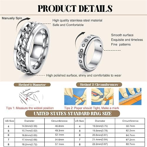 FASACCO 12Pcs Fidget Anxiety Rings for Women Men - Spinner Fidget Rings for Anxiety Relieving Stress Flower Moon Star Stainless Steel Rings Adjustable Size 5 thumbnail 3