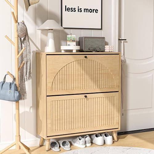 Fsbecl Shoe Storage Cabinet for Entryway with 2 Flip Drawers, Narrow Wood Shoe Cabinet with Fluted Panel, Freestanding Hidden Shoe Organizer for Foyer, Hallway (Wood Color) thumbnail 9
