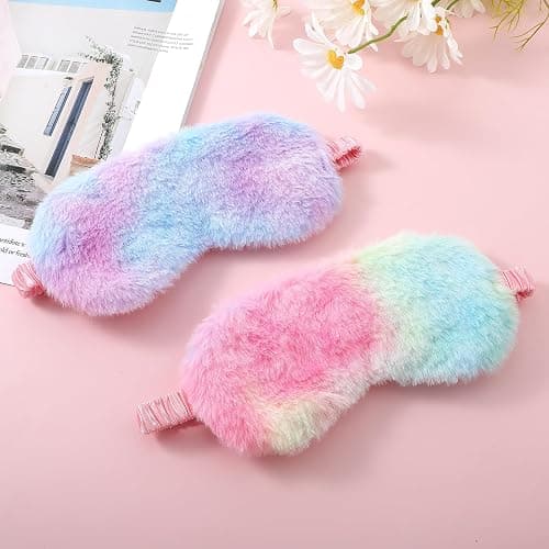 2 Pack Plush Sleeping Eye Mask Soft Plush Eye Mask Fuffy Eye Cover Comfortable Sleep Mask Blindfold Rainbow Faux Fur Eye Shade for Women, Men and Kids Travel Nap Sleeping thumbnail 3