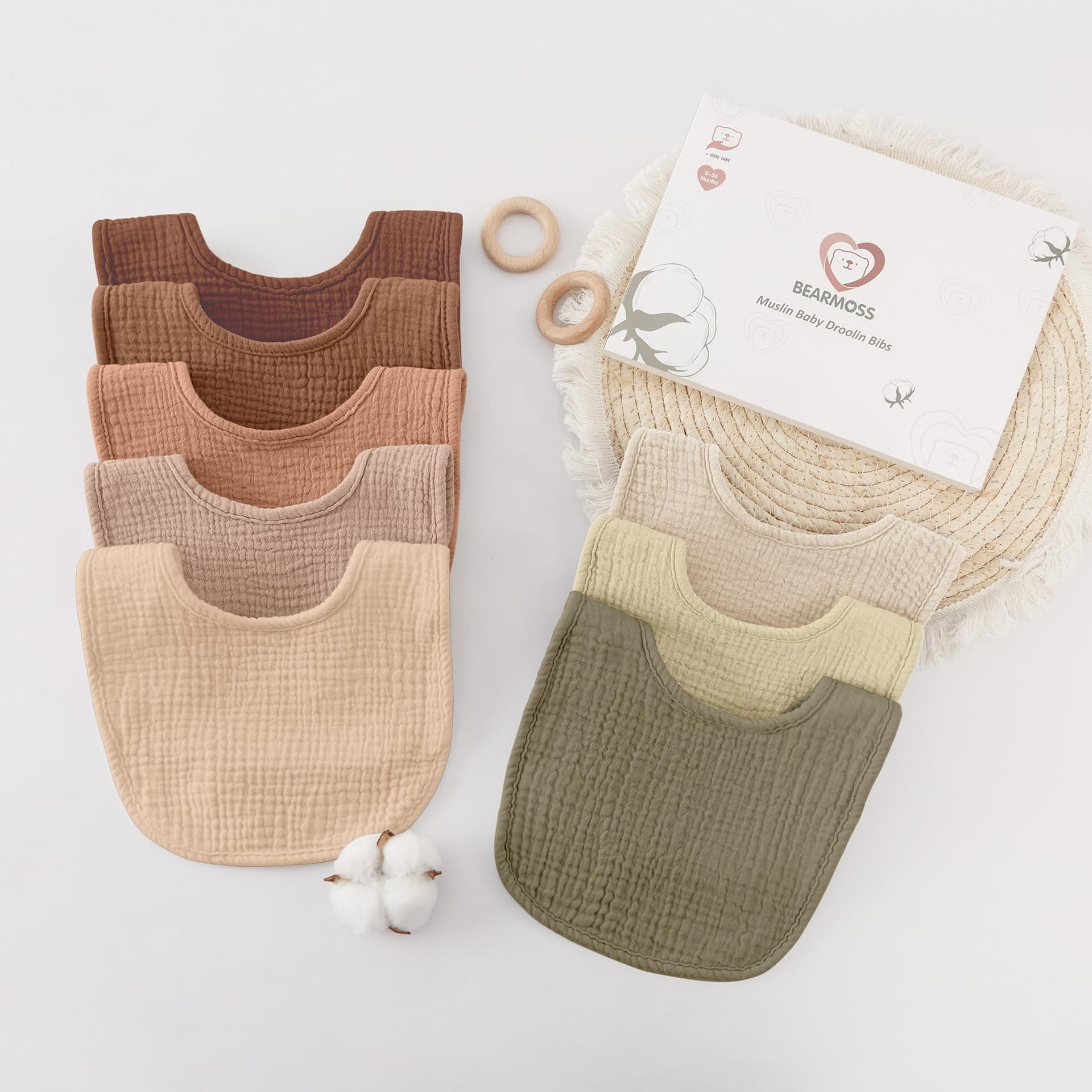 Bearmoss Muslin Baby Drooling Bibs 8 Pack, 100% Cotton Square Adjustable Bandana Bibs for Baby Girls Boys Teething Drool (Coconut Mocha) thumbnail 6