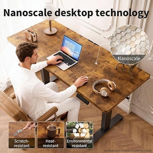 Veken 55 Inch Large Electric Standing Desk, Gaming Table, Brown | Height Adjustable Sit Stand Up Computer Tables for Home Office, Study , Writing, Suit students, employees and group work thumbnail 8