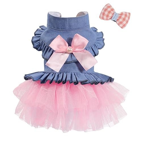 SIMCAPY Dog Dress, Fashion Puppy Tutu Princess Dresses for Small Dogs Girl, Sweet Skirt with Dog Bowknot Clips, Spring Dog Cat Clothes Pet Apparel (Denim Princess Dress, XX-Small) - Image 1