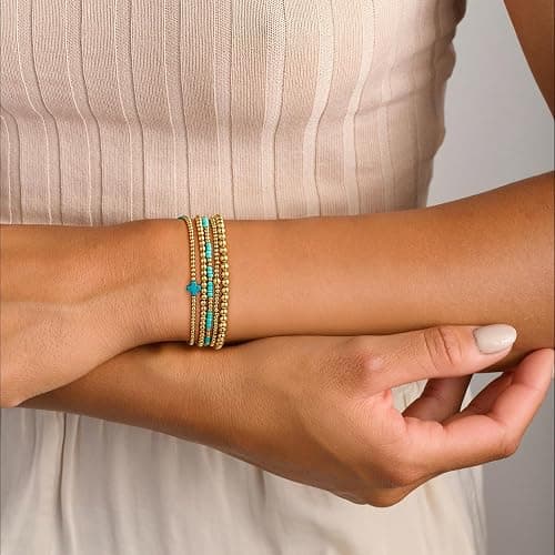 Turandoss 5PCS Gold Beaded Bracelets for Women Teen Girls, 14K Gold Plated | Gold Beaded Bracelet Stack, Dainty Turquoise Cross Pearl Round Ball Bracelet Set, Women Teenage Girls Birthday Gifts Jewelry thumbnail 3
