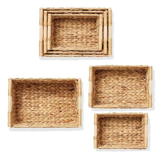 Casafield Set of 3 Water Hyacinth Rectangular Storage Baskets with Wooden Handles - Small, Medium, and Large Woven Nesting Baskets for Organizing thumbnail 5
