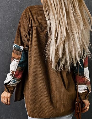 Perbai Womens Corduroy Flannel Shirt Long Sleeve Button Down Aztec Loose Shacket Jacket with Pockets thumbnail 4