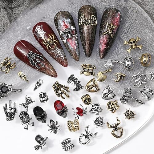 3D Halloween Nail Charms, 75 Pcs Retro Ghost Claws Spider Skull Metal Nail Art Charms Skeleton Pumpkin Nail Gems Rhinestones Nail Accessories for Nail Decorations DIY Crafts (Multi-Colored) - Image 1