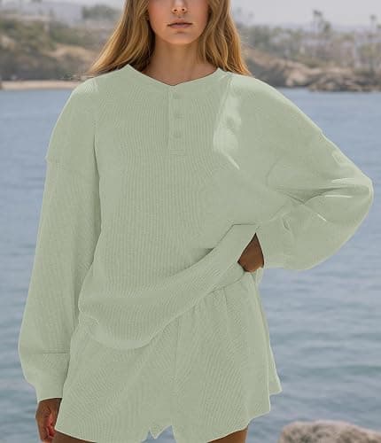 MISSACTIVER Waffle Knit Lounge Sets for Women Long Sleeve Oversized Sweatshirt Elastic Waist Shorts Fall 2 Piece Matching Set thumbnail 2