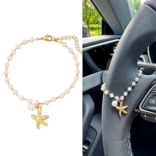 Joytezz Steering Wheel Charm Accessory Starfish Peral Pendant Car Decor Rearview Mirror Hanging Charm Women Teen Girl Gifts Gold - Image 1