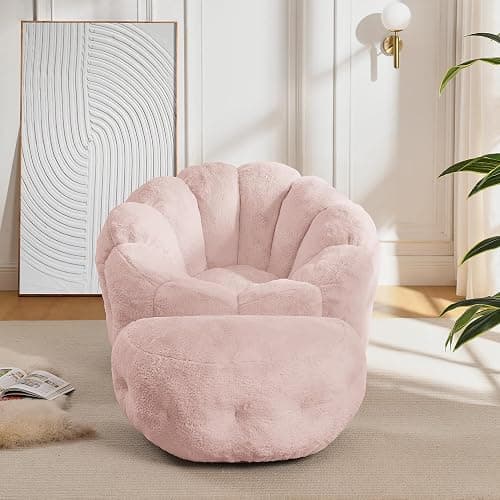 Bean Bag Chair with Ottoman, Pink Flower Bean Bag Chairs for Adults and Teens, Comfy Plush Faux Fur Reading Chair for Living Room, Bedroom, Apartment, Dorm thumbnail 4