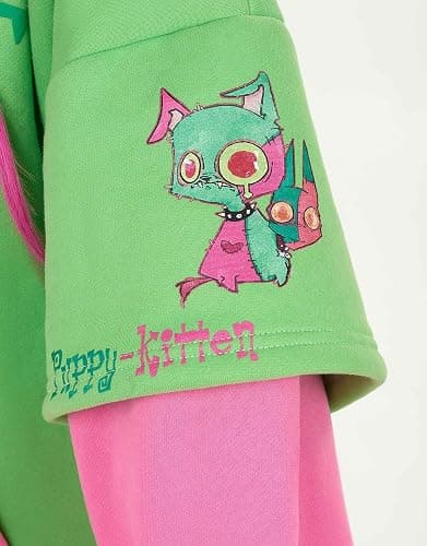 Micotaku Womens Pullover Hoodie with Detachable Bag Furry Paw Design Gloves Green Pink Hoodie thumbnail 5