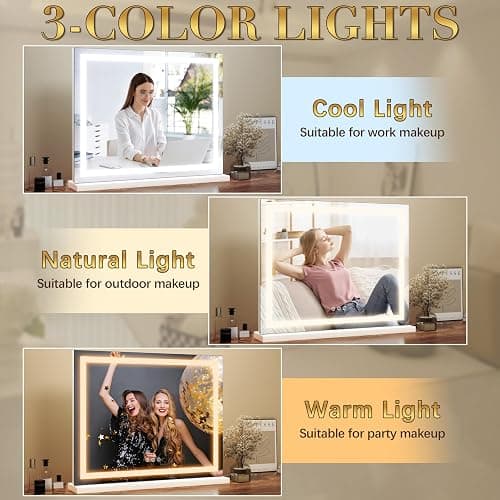 ROLOVE 23"x18" Lighted Vanity Mirror with 3-Color Dimmable LED, Smart Touch Control & Memory Function - Large Hollywood Makeup Mirror for Wall or Tabletop thumbnail 3