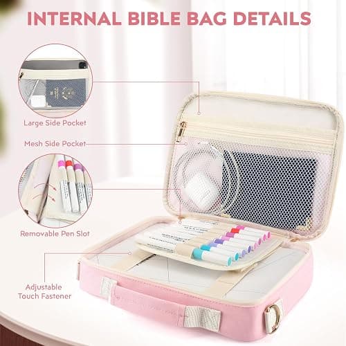 Bible Cover Case for Women Grils, Preppy Bible Bag with Adjustable Shoulder Strap, Waterproof Bible Carrying Tote Bags Holder for Bible Study Supplies Accessories & Christian Gifts (Light Pink) thumbnail 5