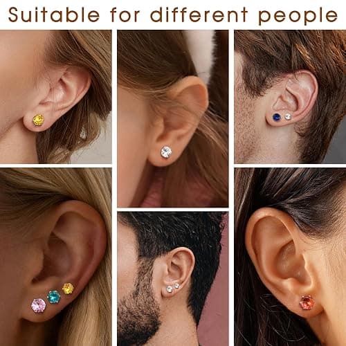 LOYALLOOK 12 Pairs Stainless Steel Cubic Zirconia Stud Earrings, Brilliant Cut Round CZ Earrings set, Birthstone Stud Earrings for Women thumbnail 5