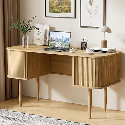 Furniway 55" Modern Writing Desk, Wood Home Office Desk, Natural | Sliding Door Storage, Computer Desk for Study, Bedroom, Living Room & Dorm - Image 1