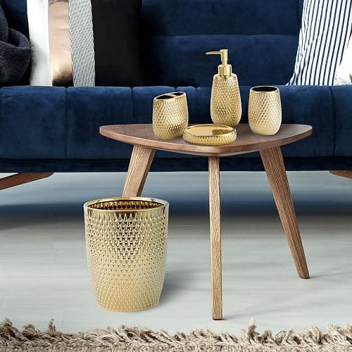 Modern Golden Small Trash Can Wastebasket, Garbage Container Bin for Bathrooms, Powder Rooms, Kitchens, Home Offices - Durable Ceramics - Round thumbnail 5