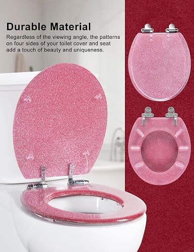 Angol Shiold ROUND Resin Toilet Seat Glitter Pink Soft Close Quick Release Adjustable Metal Hinge Easy to Install also Easy to Clean Decorative Acrylic Seats (17 Inch, Pink Glitter, Ugraded hinge) thumbnail 4