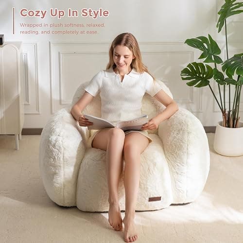 MAXYOYO Bean Bag Chair, Comfy Pebble Shaped Single Bean Bag Sofa for Adults, Stuffed Floor Sofa with Supportive Backrest & Armrests, Modern Faux Fur Accent Chair for Living Room & Bedroom, Beige - Standard - Beige thumbnail 3